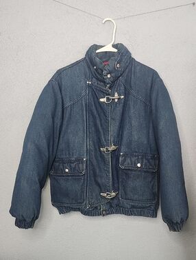 Vintage Denim Fireman Style Toggle Jacket in Dark Blue With Down.